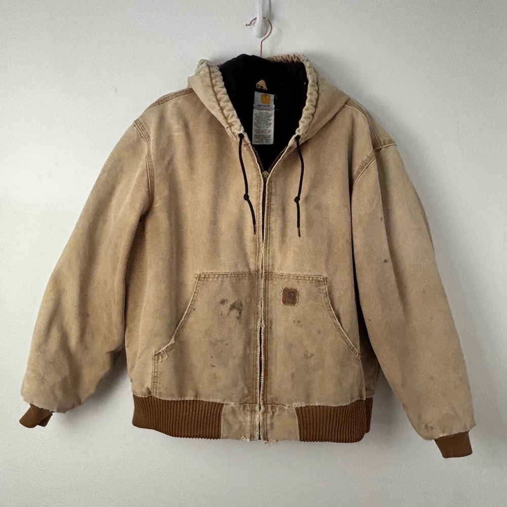 VTG Carhartt Thrashed Brown Canvas Active Jacket J130 Hooded Mens L Distressed